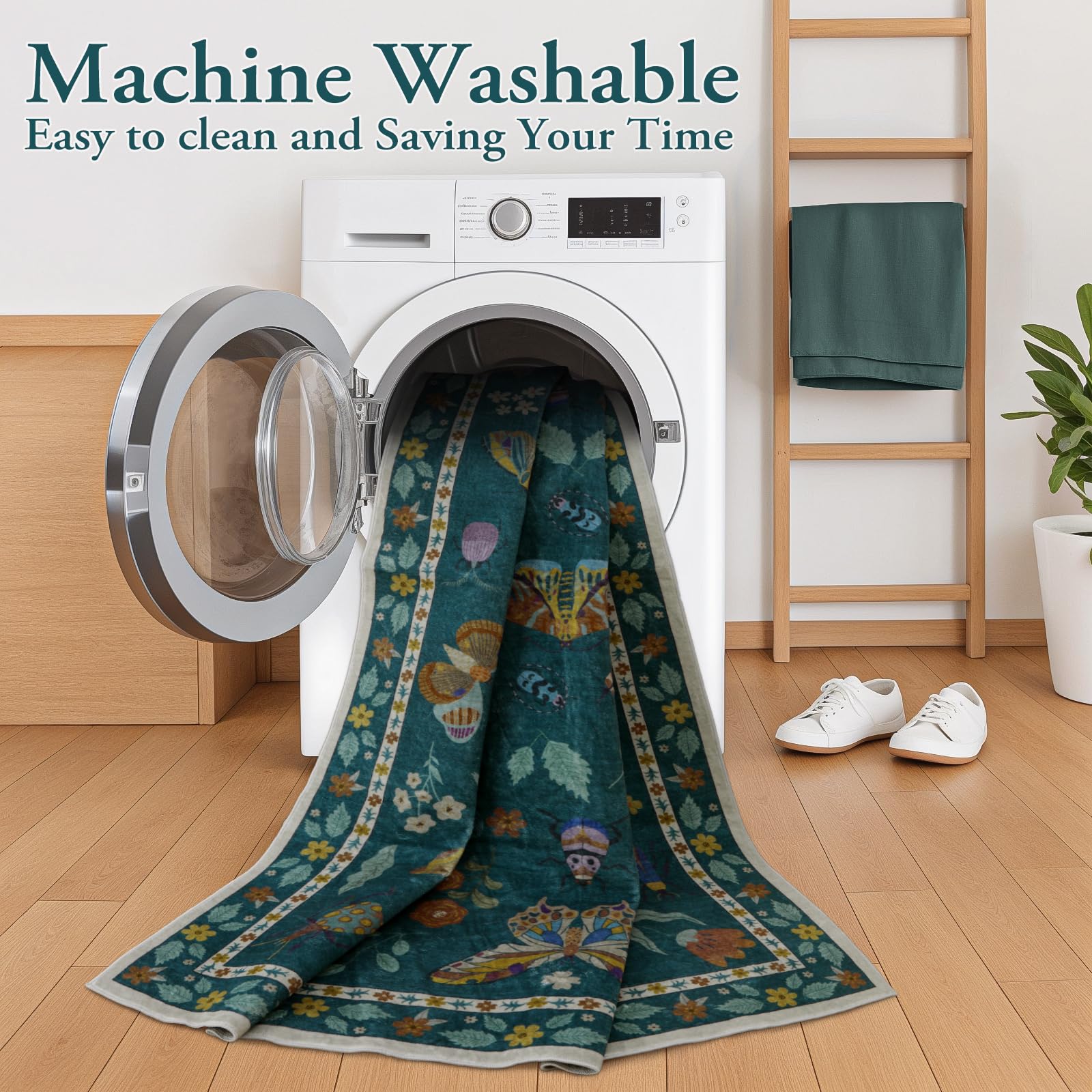 Lahome soft-washable 5x7 rug with insect motif eases cleanup.