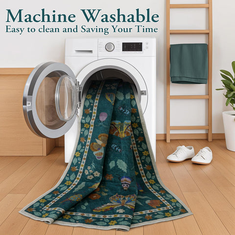 Lahome soft-washable 5x7 rug with insect motif eases cleanup.