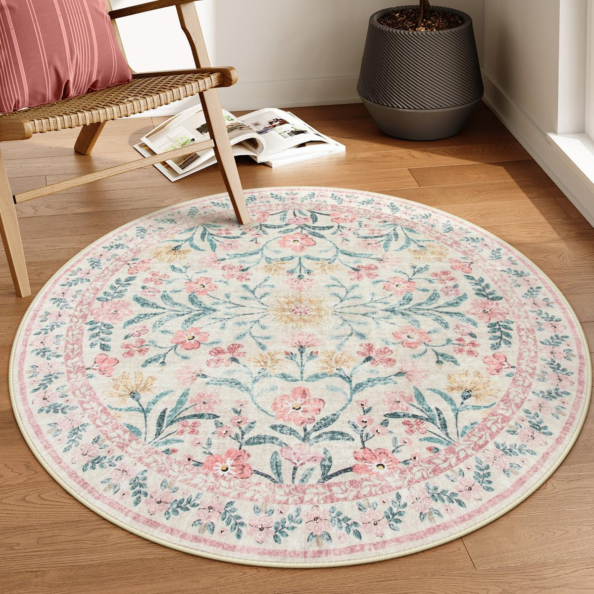 Lahome Sylvie boho round rug in soft pink for a cozy bedroom space.