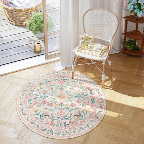 Lahome Sylvie round rug creates a dreamy dorm room ambiance.