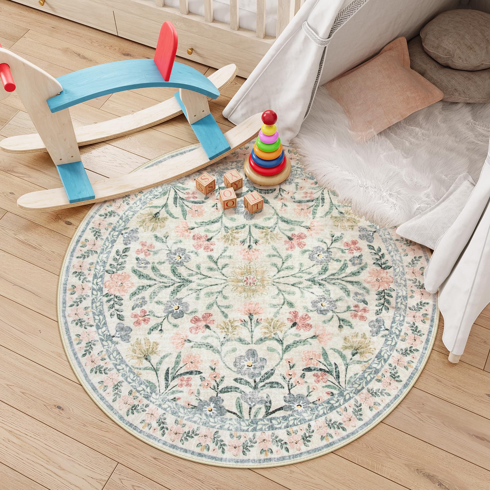 Lahome Sylvie boho floral rug; soft texture for calm rooms.