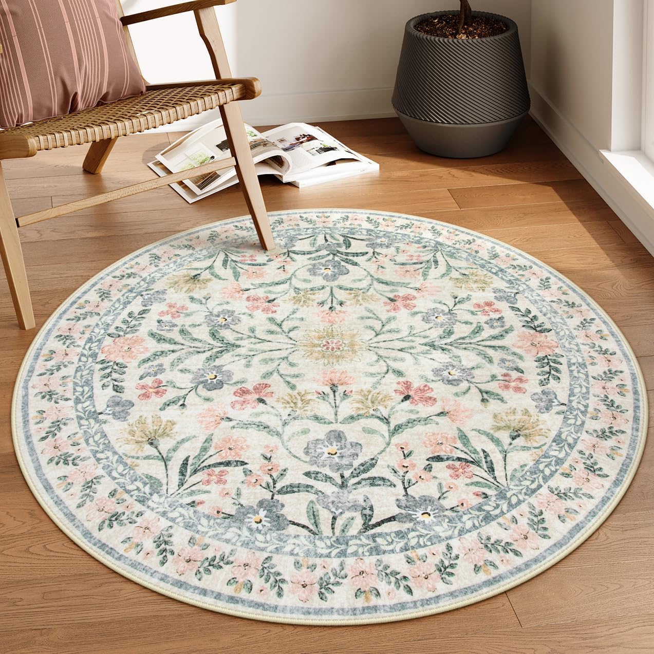 Lahome Sylvie round boho floral rug, 4ft, cream wash; soft underfoot for bedrooms.