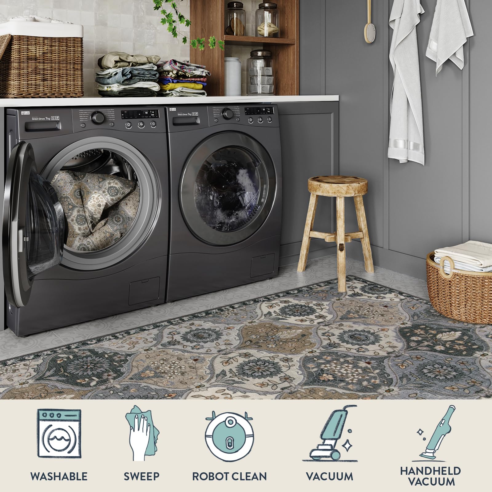 Lahome machine washable vintage rug simplifies quick cleanups