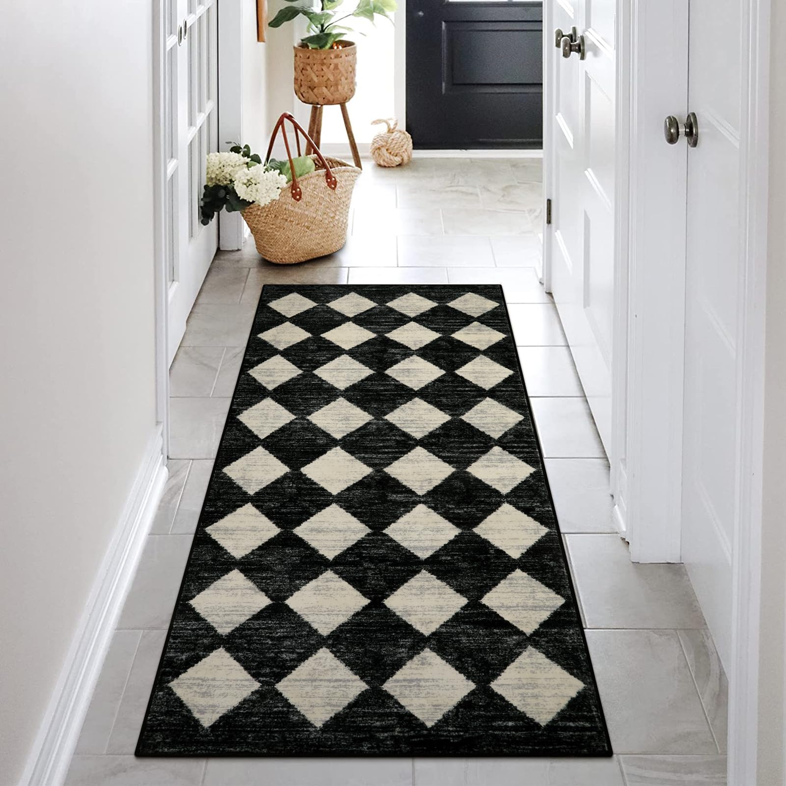 Lahome Zelie black-white kitchen runner showcases bold pattern and everyday practicality.