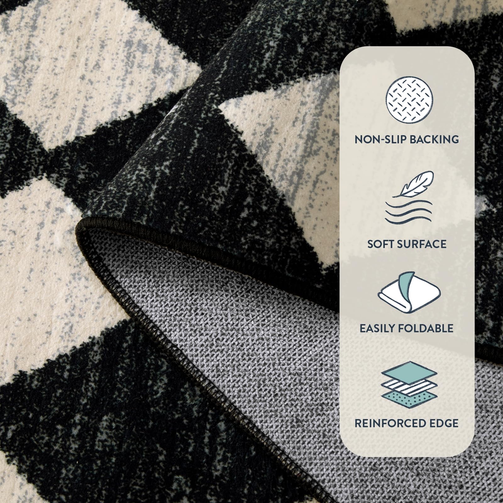 Lahome Zelie rug machine-washable tag highlights easy cleaning after spills.