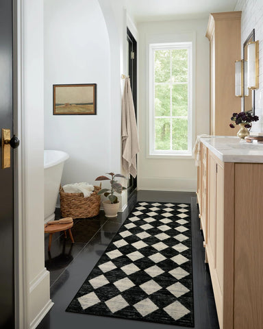 Lahome Zelie rug pattern close-up emphasizes bold black-and-white trellis.