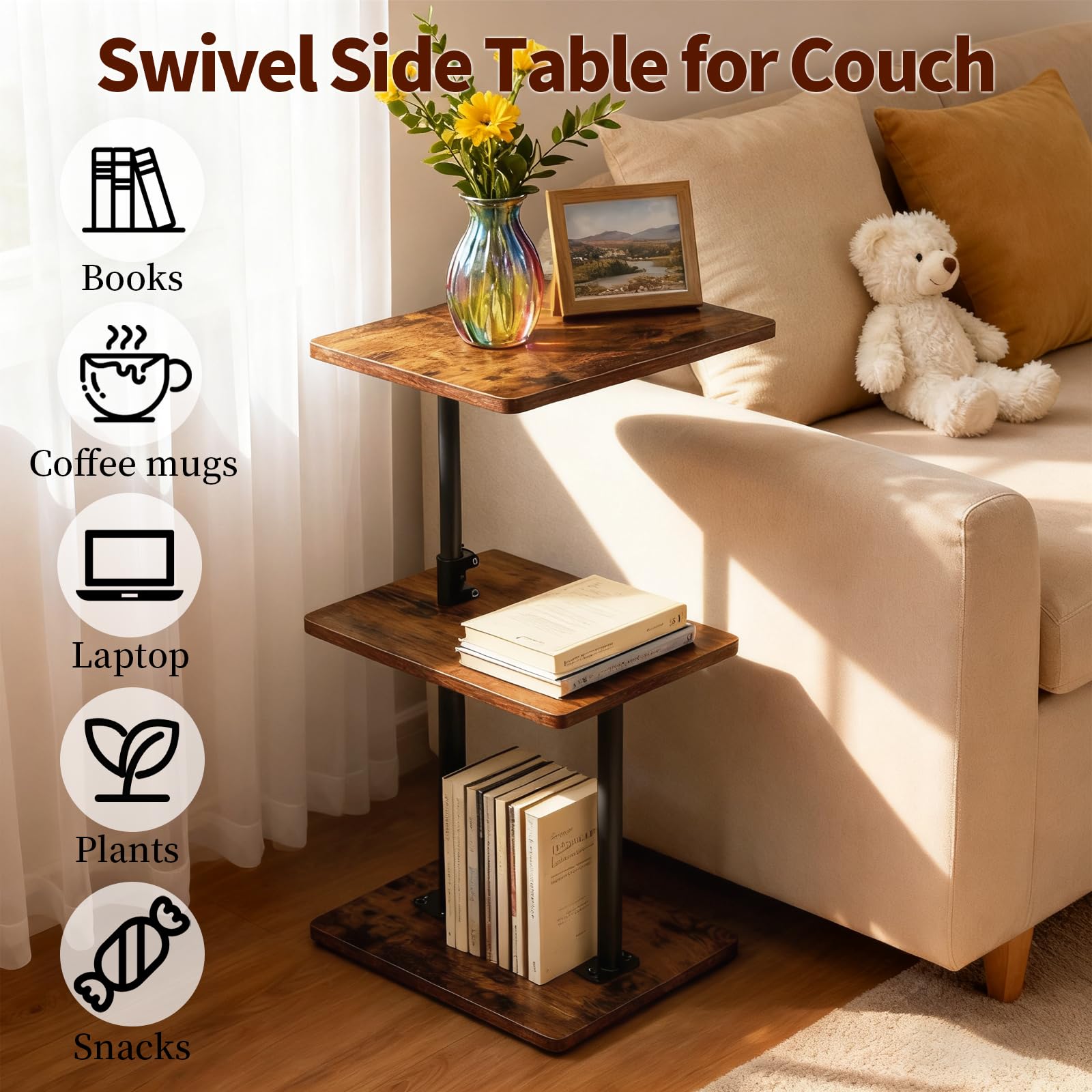 LAIDUOLEOE open shelf storage keeps remotes and snacks within easy reach.