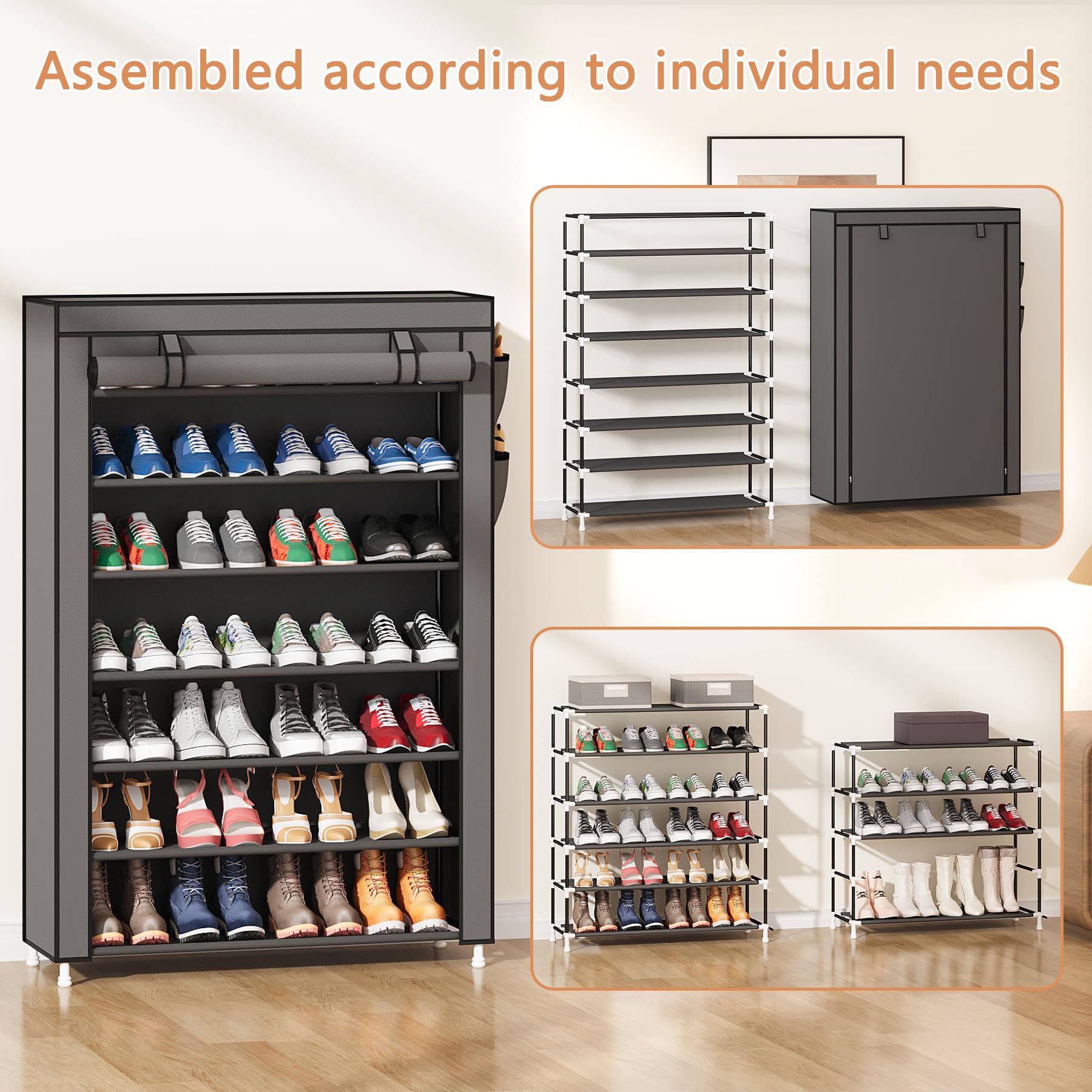 Laiensia 7-tier vertical shoe rack dust cover protects footwear while keeping spaces clean.