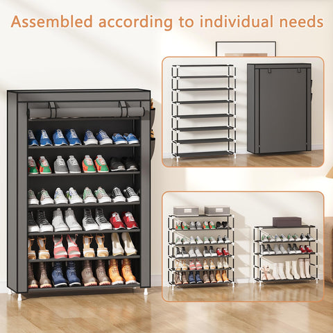 Laiensia 7-tier vertical shoe rack dust cover protects footwear while keeping spaces clean.