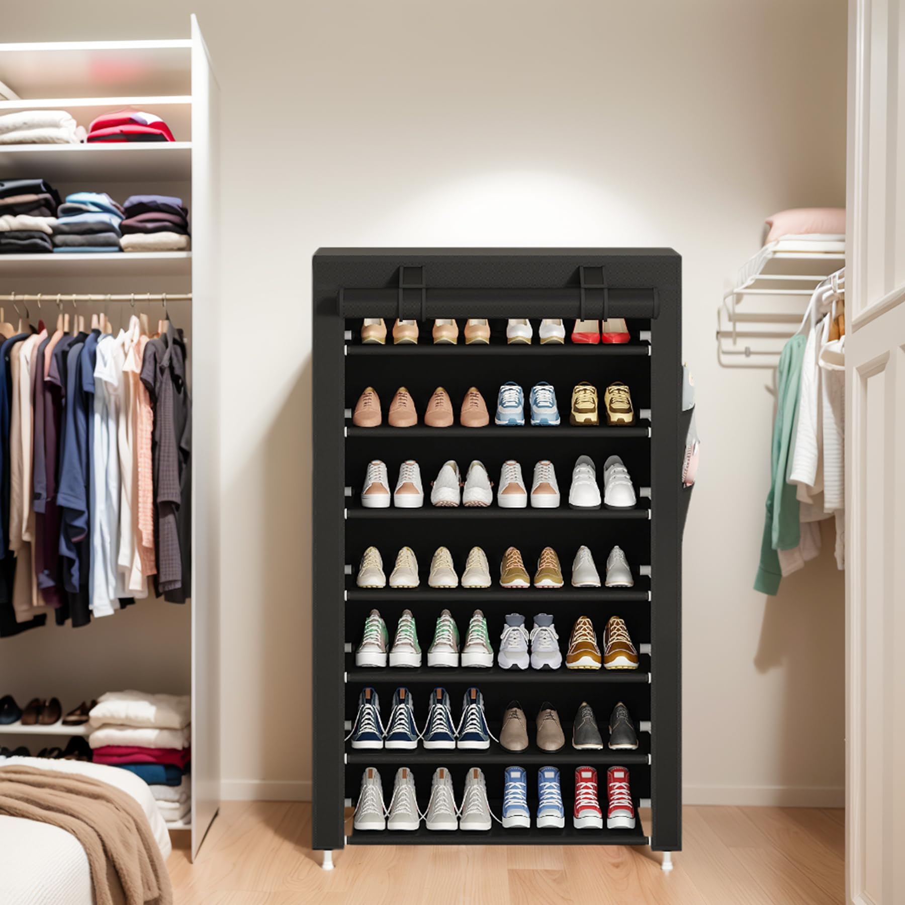 Laiensia 7-tier vertical shoe rack side panel demonstrates space-saving storage for hallways.