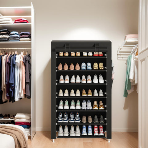 Laiensia 7-tier vertical shoe rack side panel demonstrates space-saving storage for hallways.