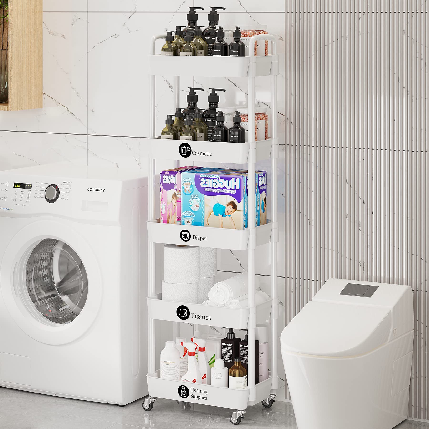 Laiensia bathroom cart with brake wheels for secure placement.