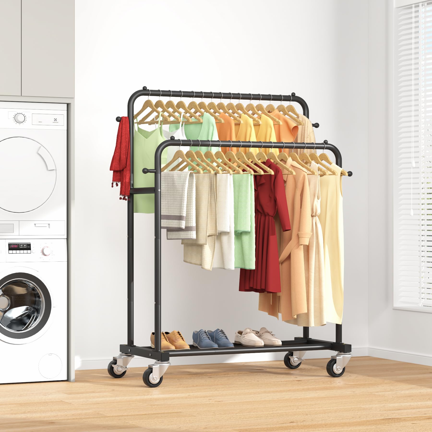 Laiensia double-rods garment rack ideal for bedrooms and entryways.