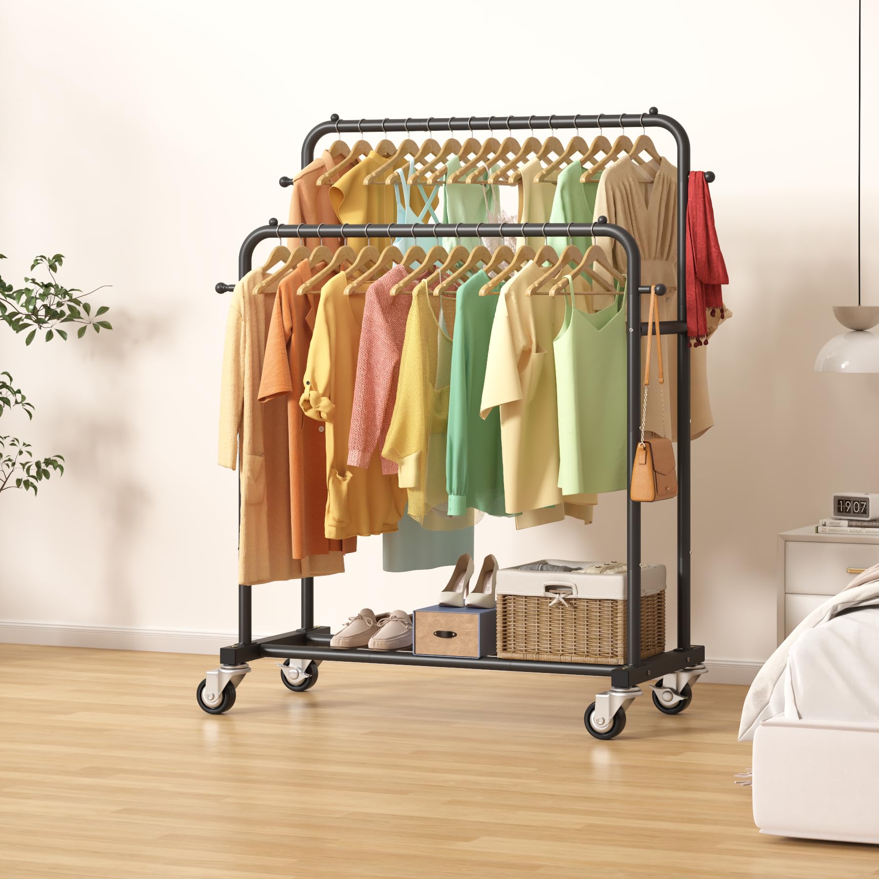 Laiensia double-rods garment rack bottom shelf for shoes or boxes.