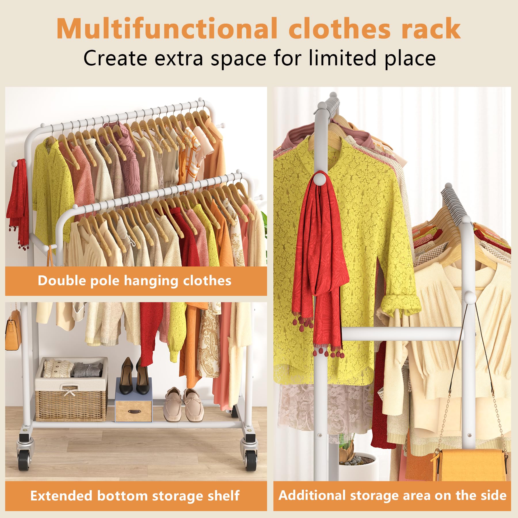 Laiensia garment rack side hooks provide space for hats, scarves, and bags.