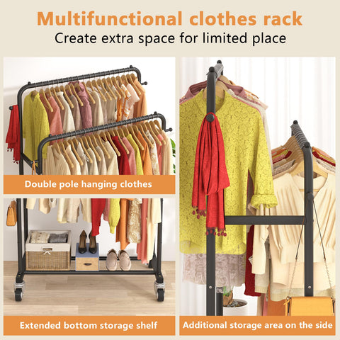 Laiensia double-rods garment rack side hooks for hats and bags.