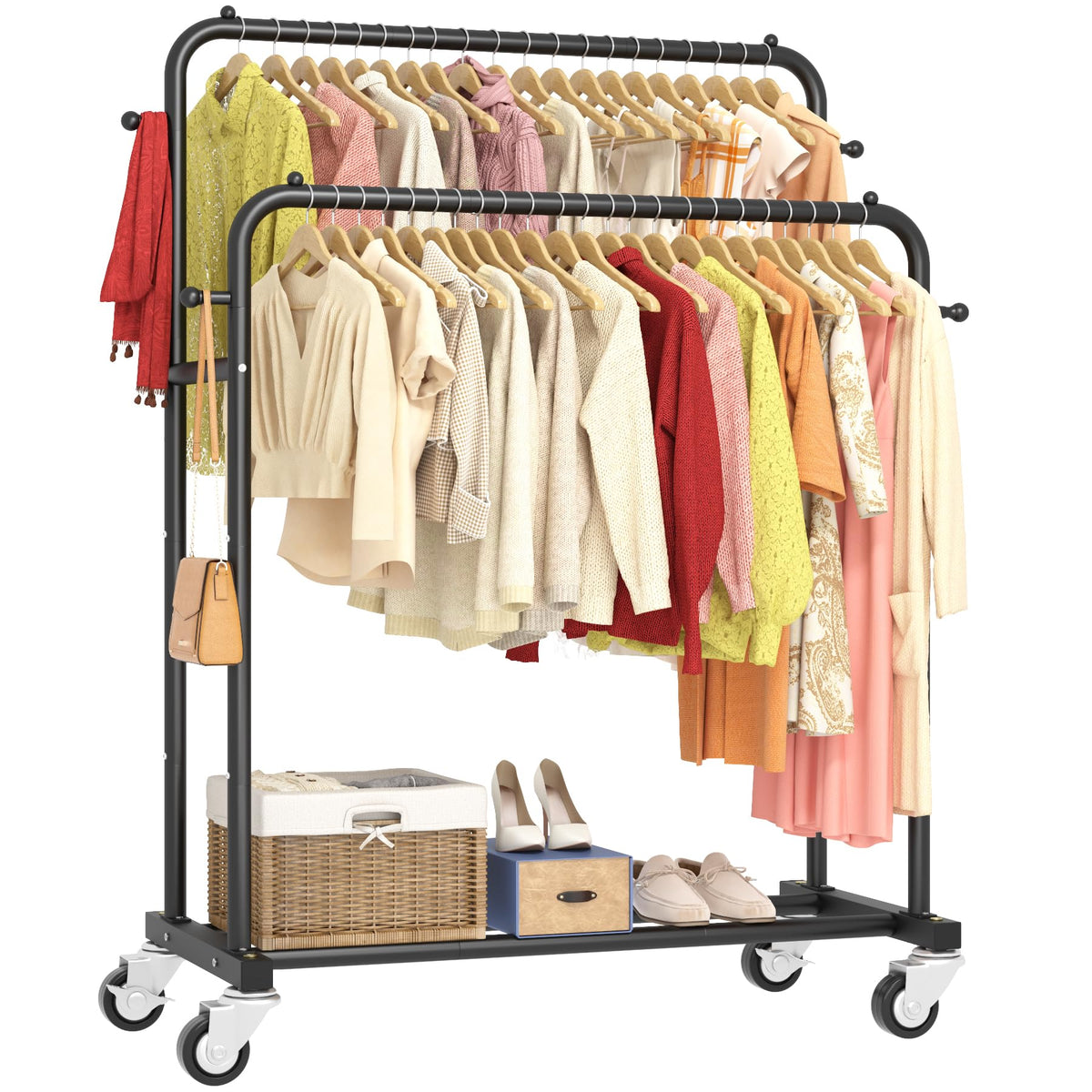 Laiensia double-rods garment rack side view showing roomy hanging space.