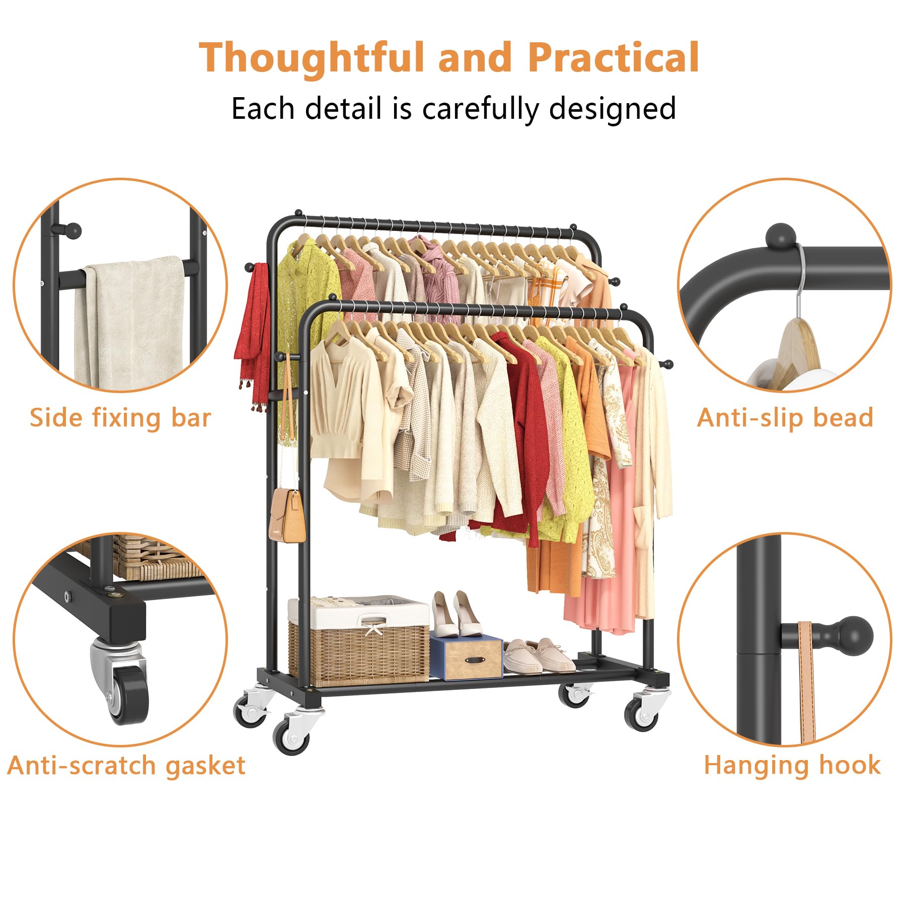 Laiensia double-rods garment rack wheels 360-degree mobility.