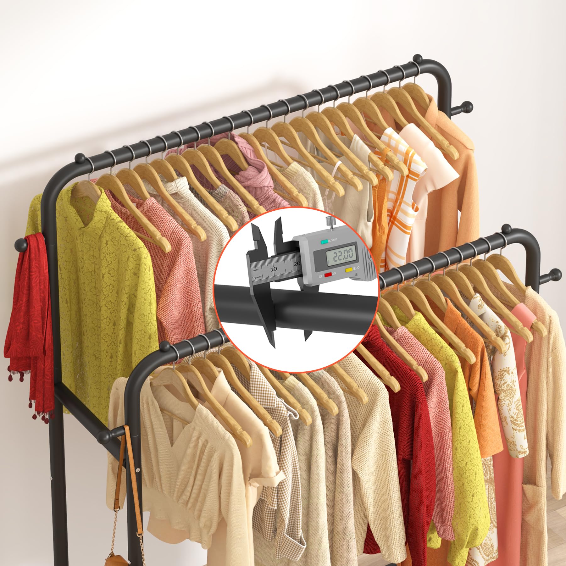 Laiensia double-rods garment rack lockable wheels for stability.