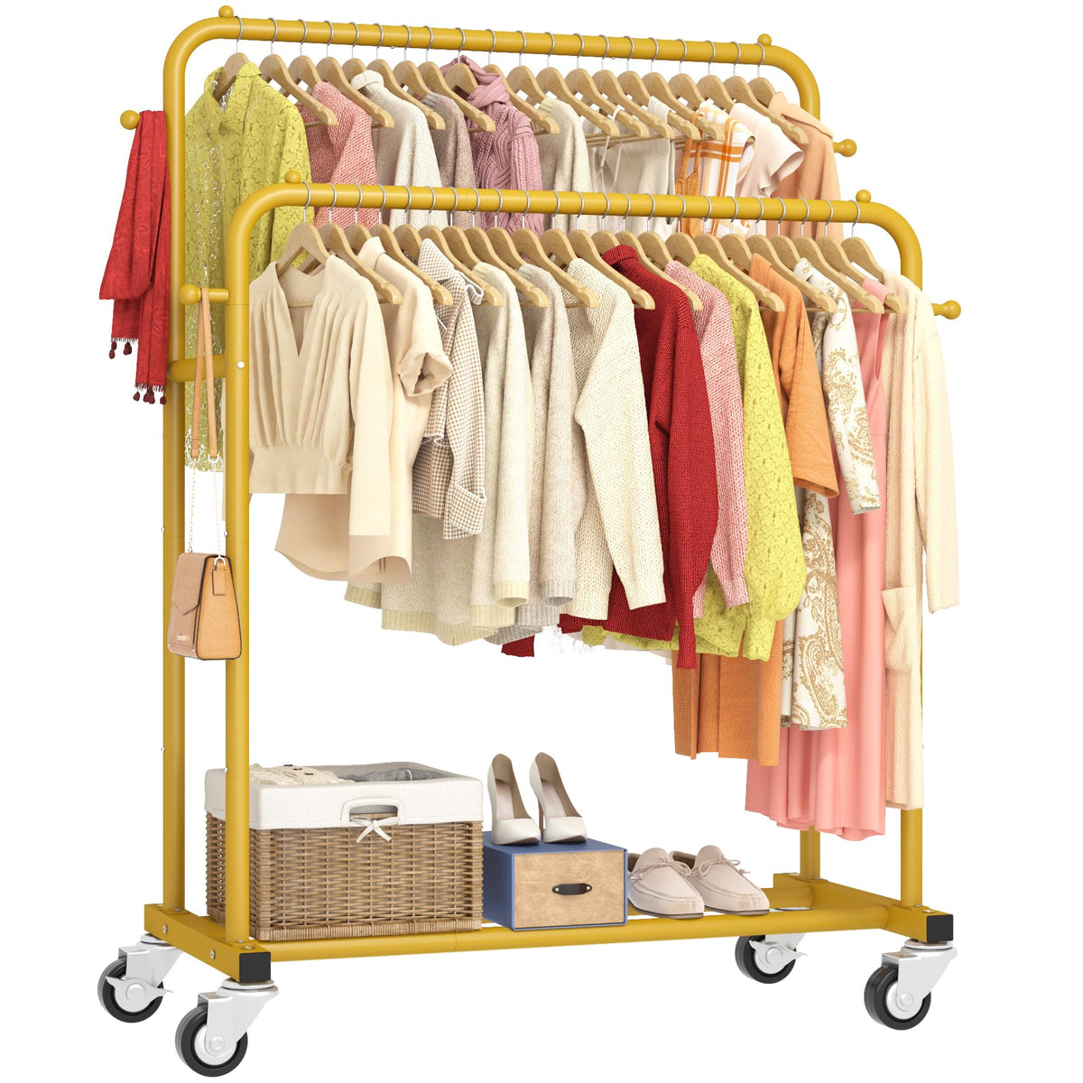 Laiensia double rods garment rack with wheels enables easy mobility and organized storage.