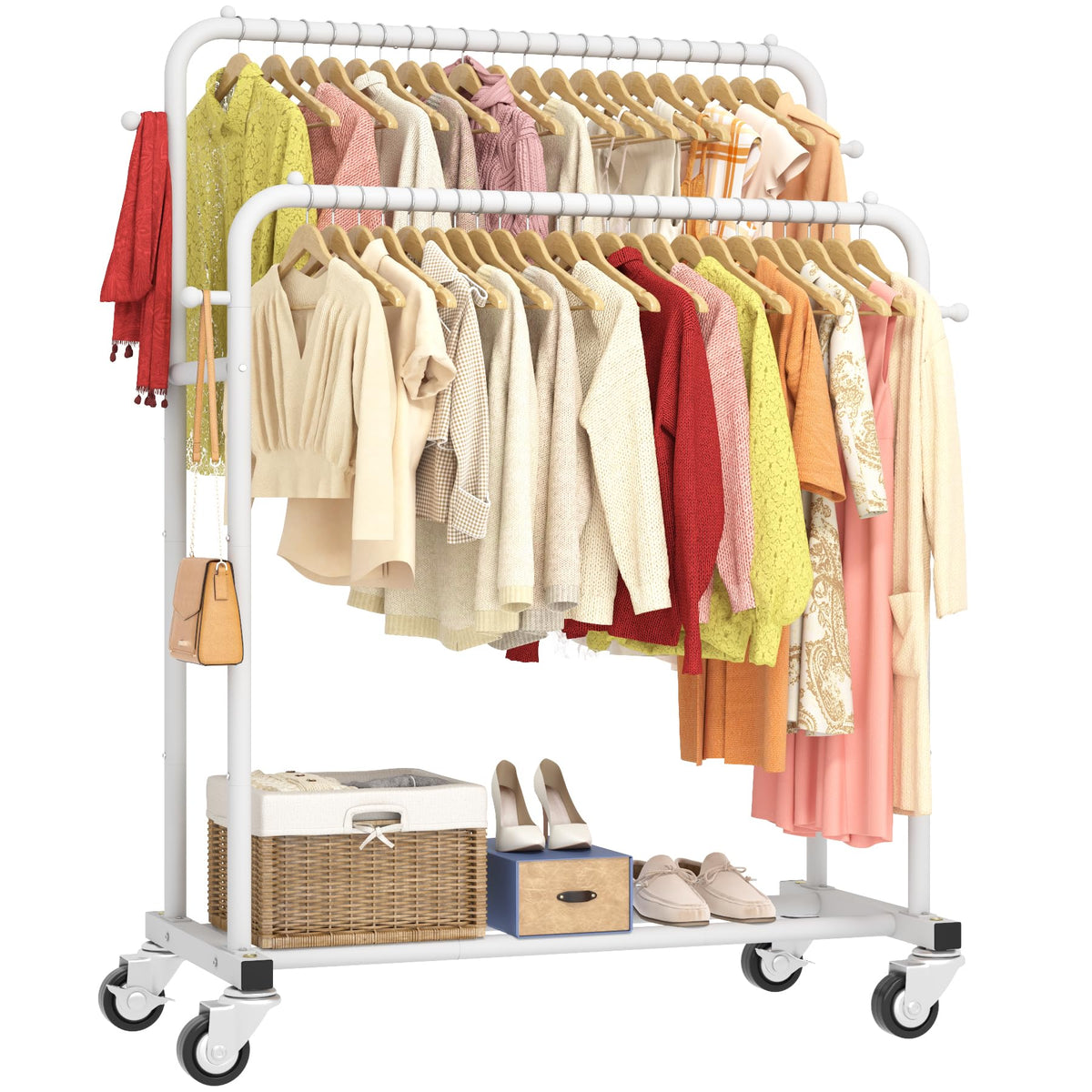 Laiensia double rods garment rack with wheels offers smooth movement and spacious hanging space.
