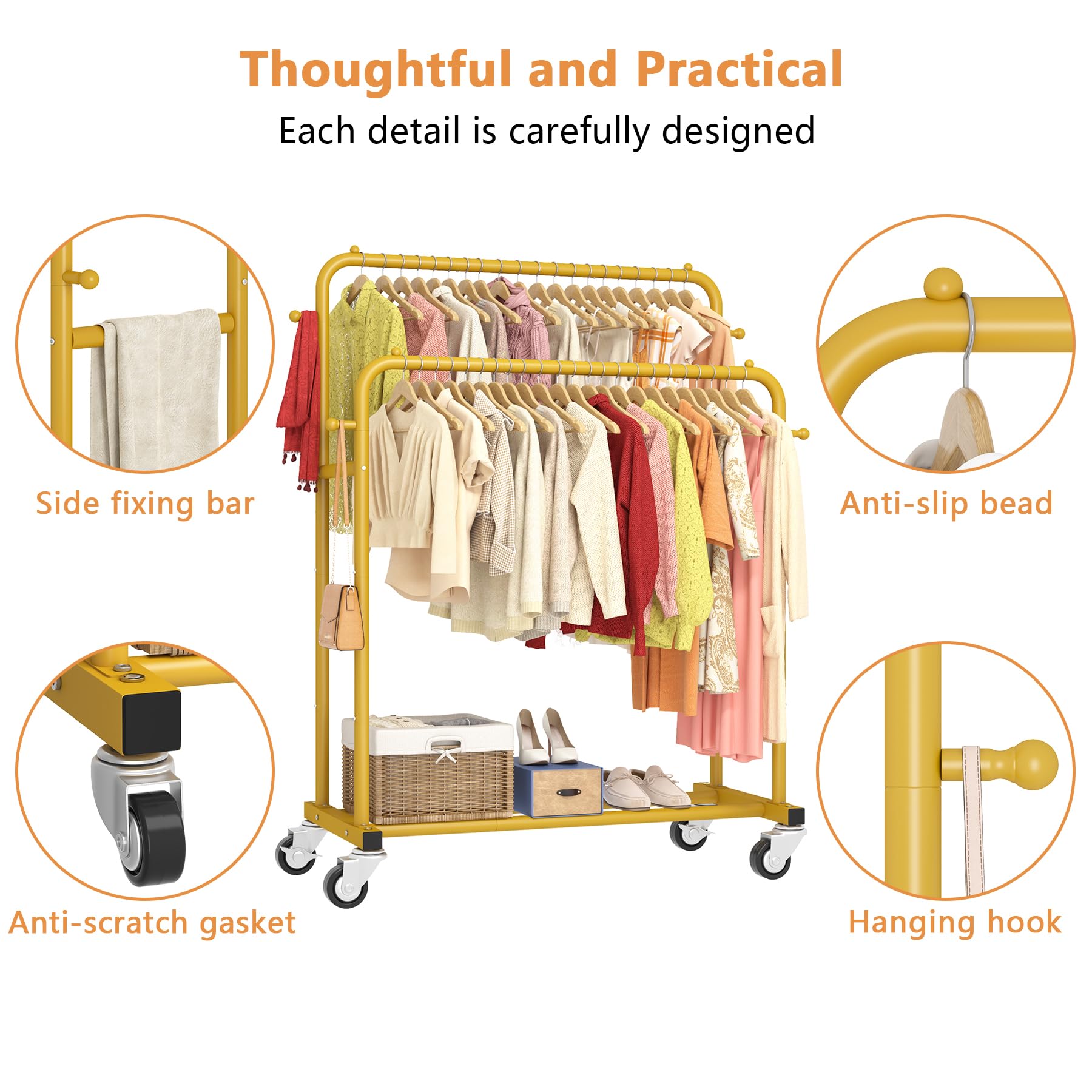 Laiensia garment rack four wheels roll smoothly with two locks.