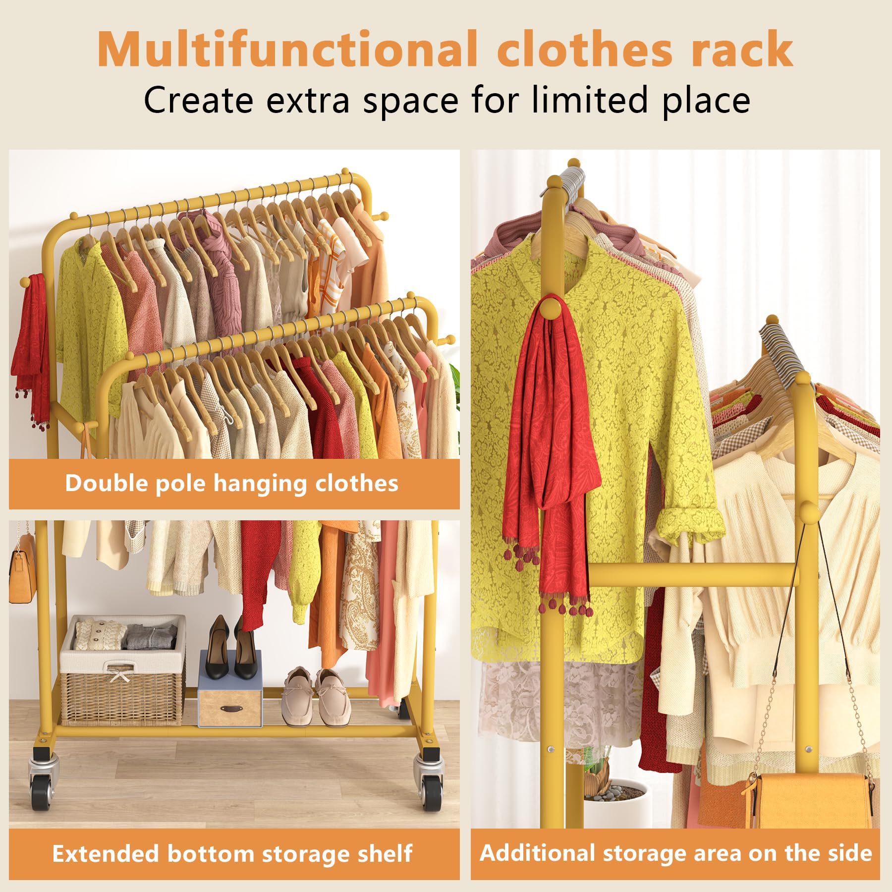 Laiensia garment rack side hooks hold hats, scarves, or bags.