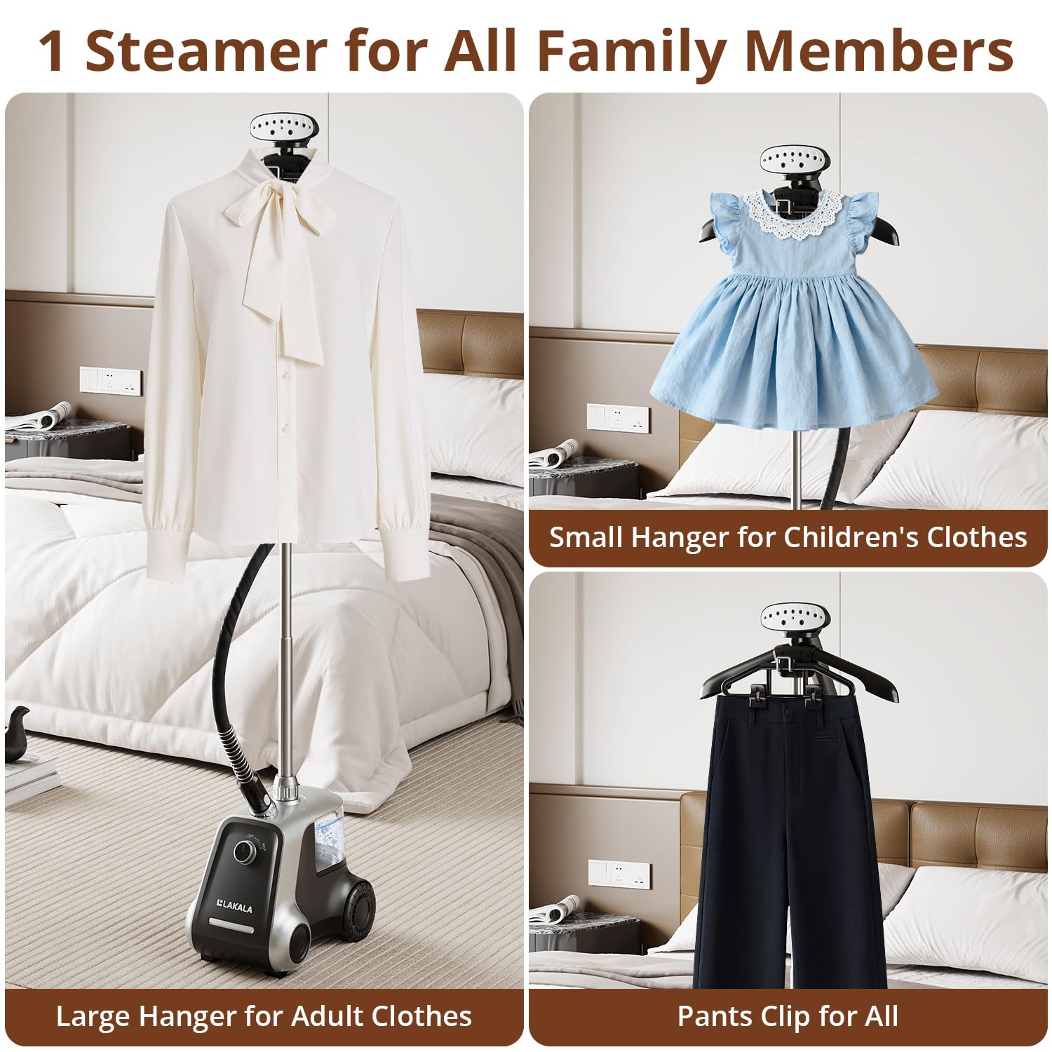 LAKALA floor-standing steamer offers full wardrobe refresh with stability.
