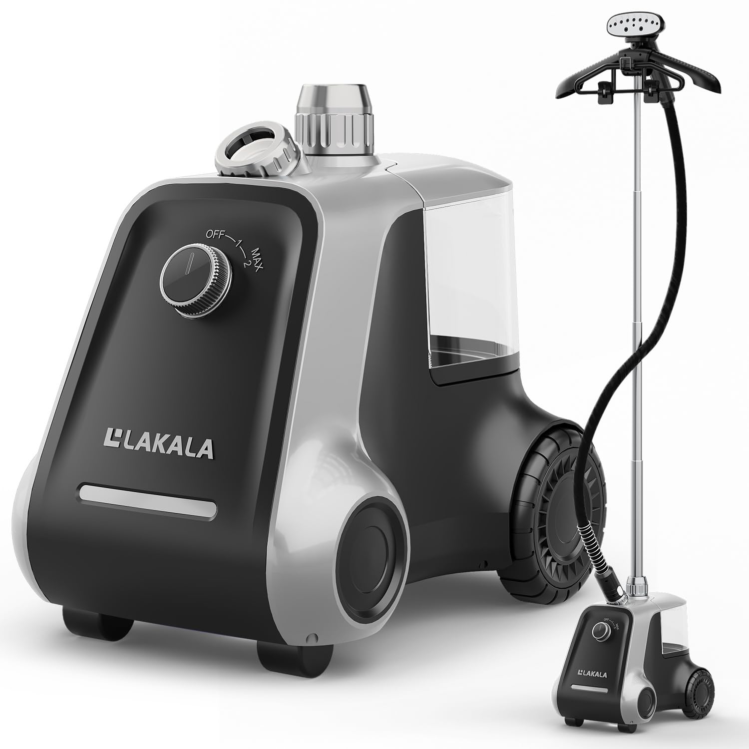 LAKALA garment steamer heat-up for rapid wrinkle relief.