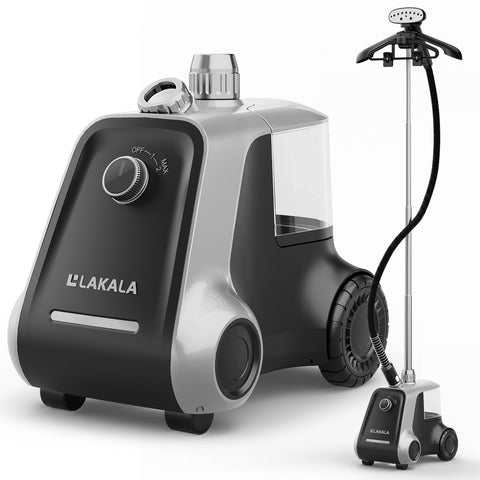 LAKALA garment steamer heat-up for rapid wrinkle relief.