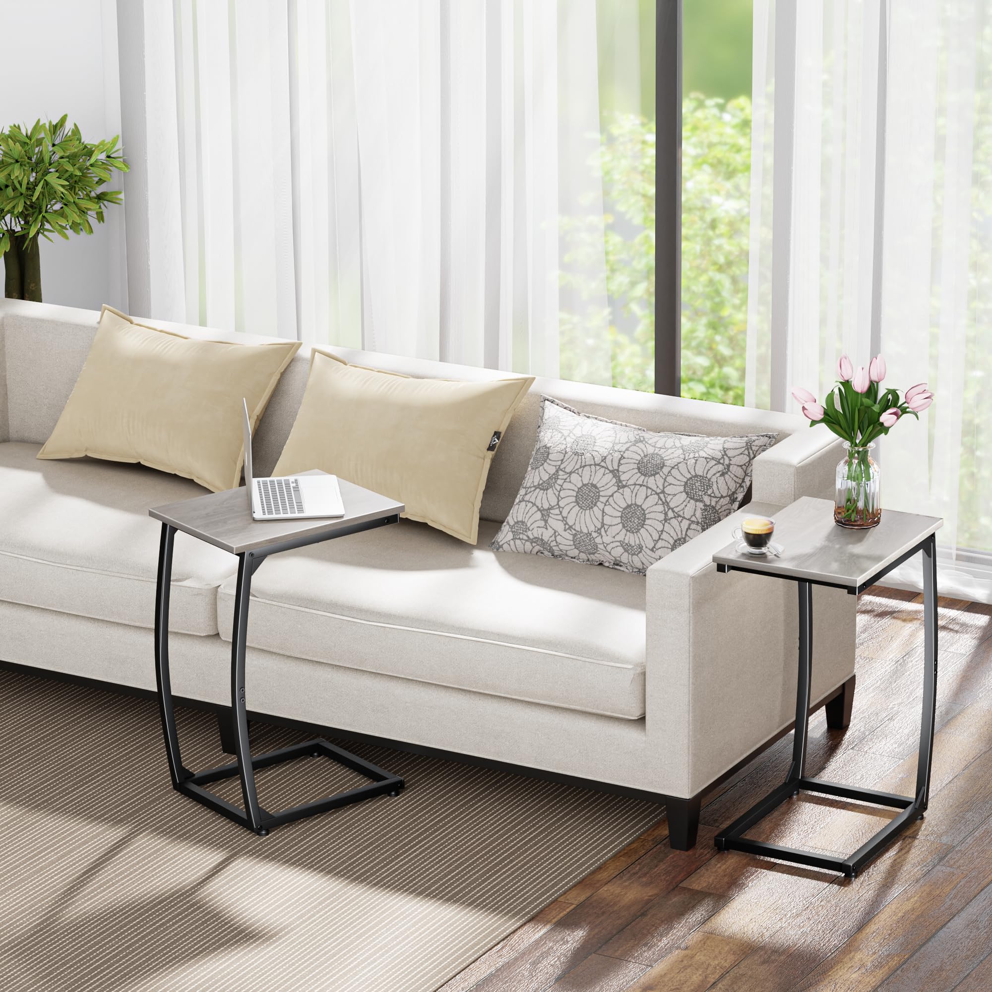 LAKEMID C-Shaped End Table sliding under sofa for easy placement.