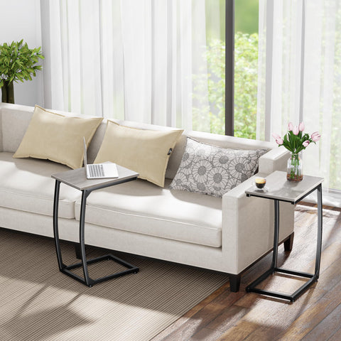 LAKEMID C-Shaped End Table sliding under sofa for easy placement.