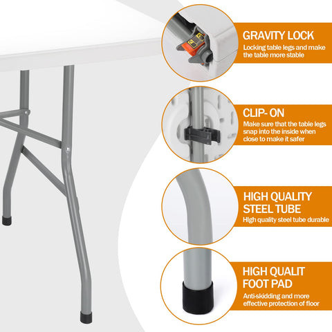 Lakhow 6ft folding table folded in half for compact storage.