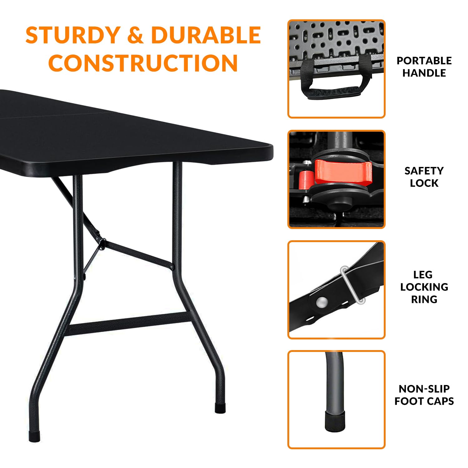 Lakhow 6ft folding table side view with extended legs for sturdy support
