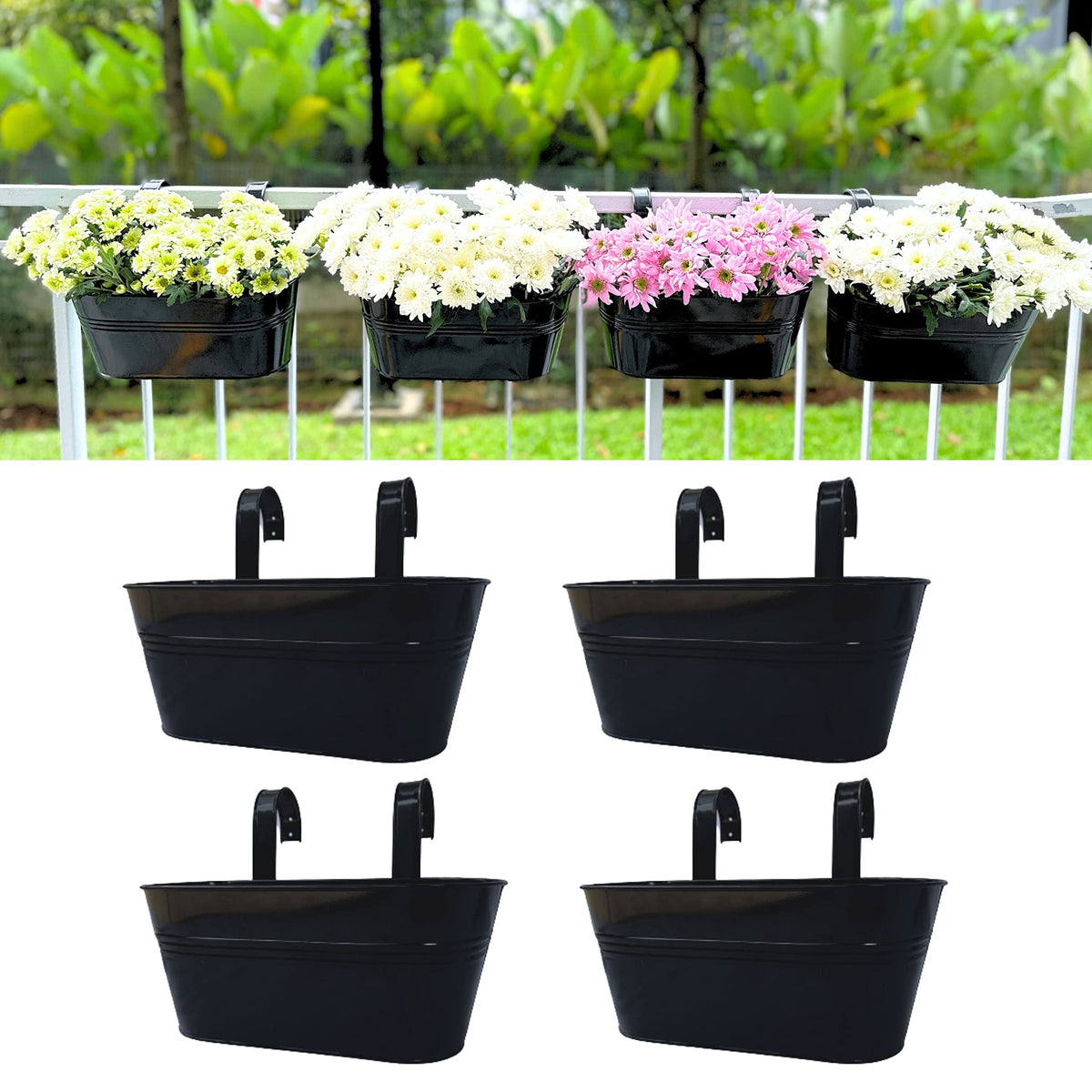 LaLaGreen rail planter on balcony rail in black metal for space-saving decor