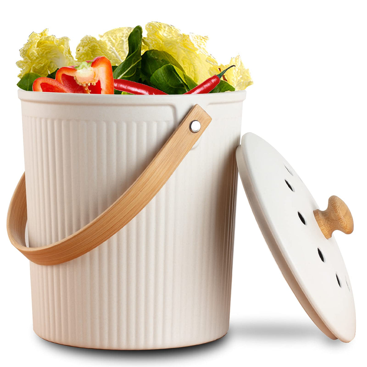 LALASTAR countertop compost bin with lid in cream for fresh kitchen odor control.