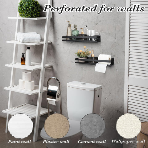 Lallisa bathroom shelf keeps shampoo and bottles neatly stored.
