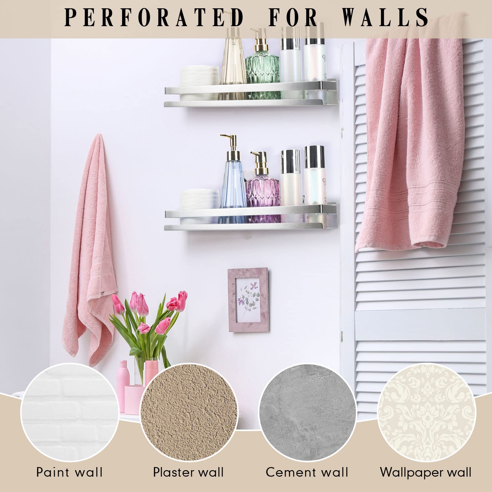Lallisa silver finish shelves mounted in bathroom or kitchen.