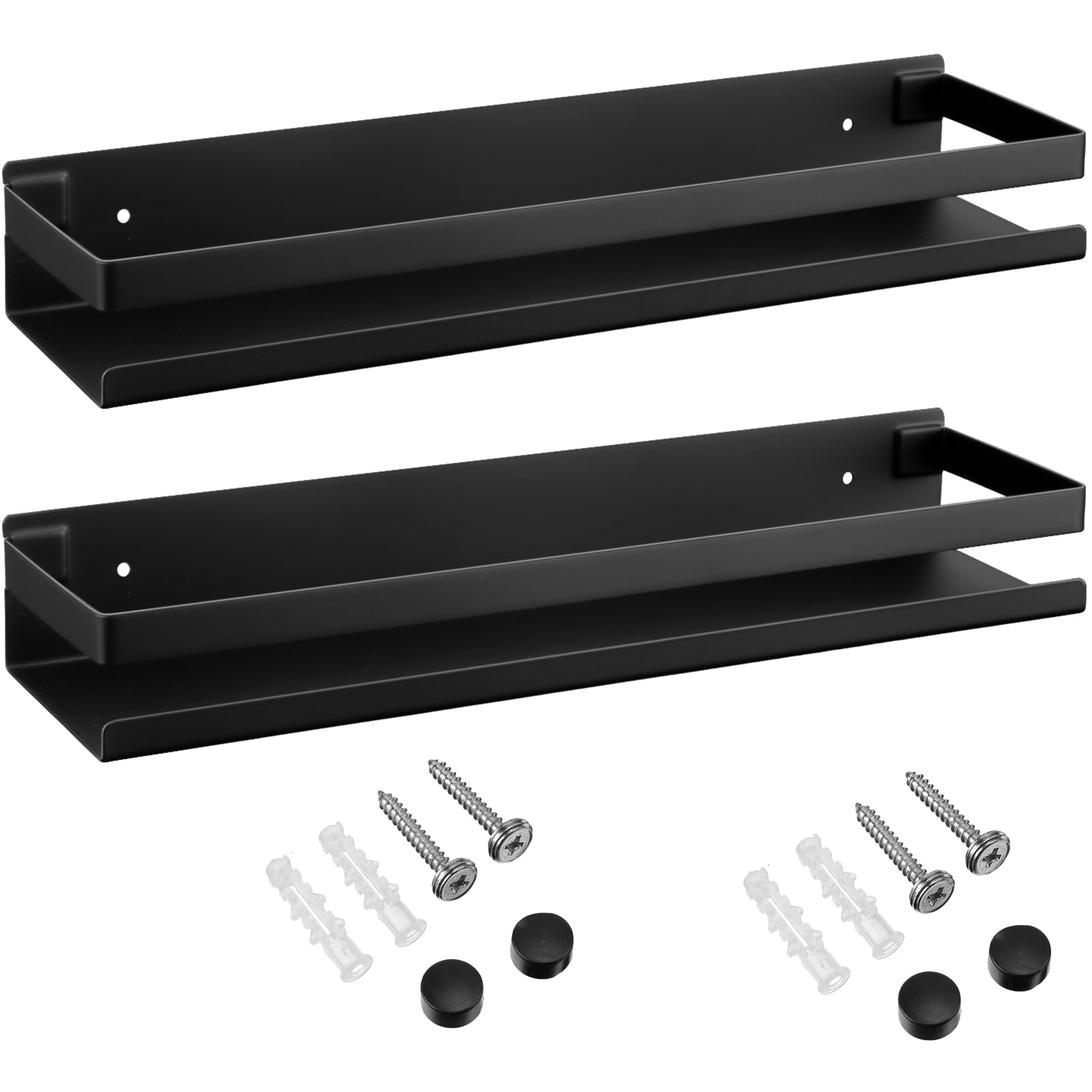 Lallisa stainless steel wall-mounted shelf in black keeps bathroom items organized.