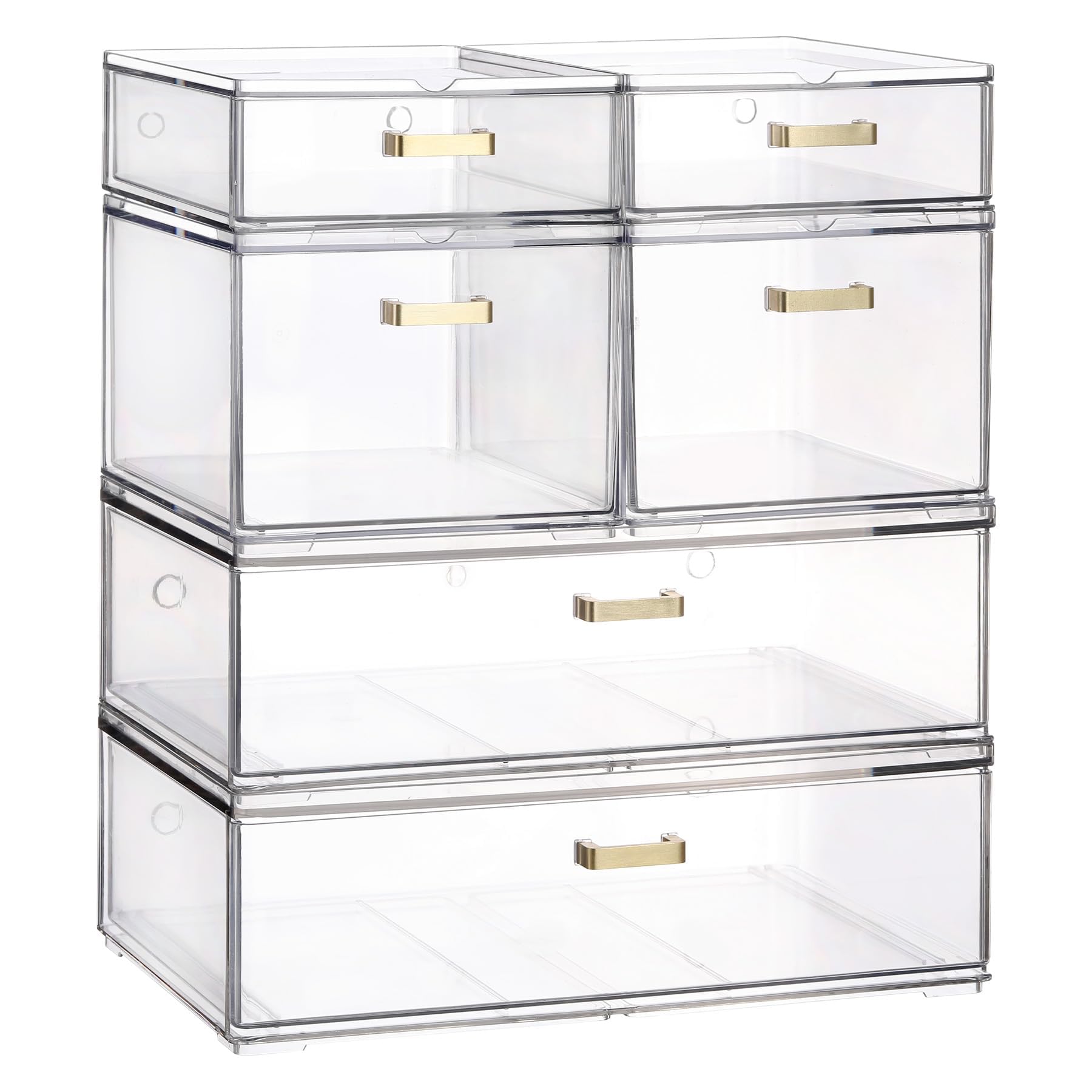 LALOBLUE 6-pack clear acrylic drawers with golden handles for versatile organization