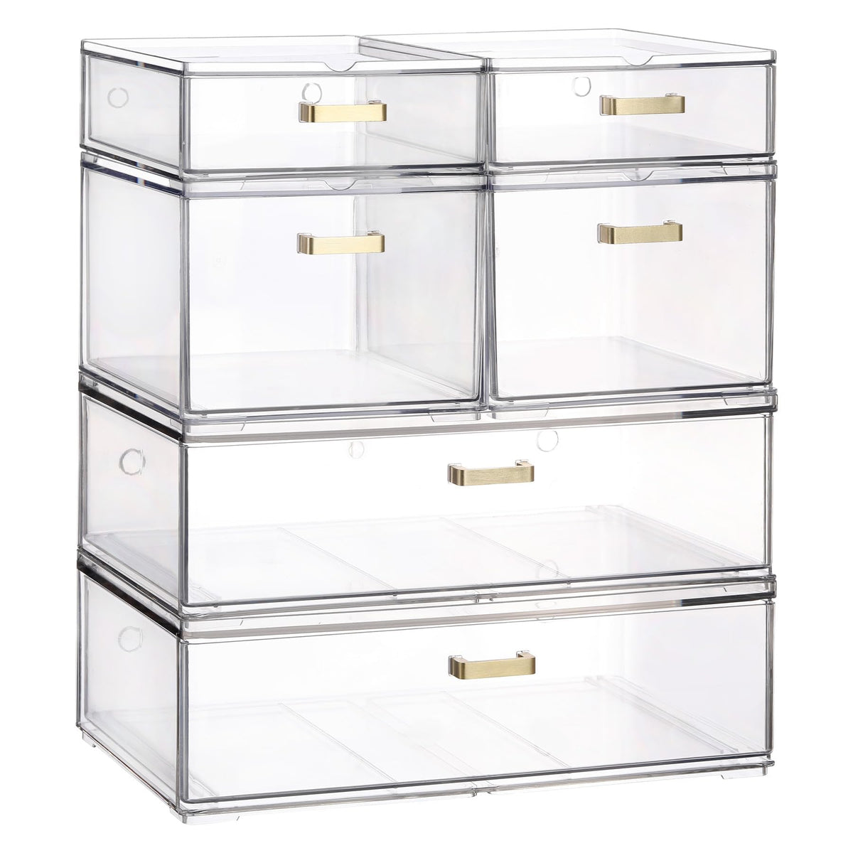 LALOBLUE 6-pack clear acrylic drawers with golden handles for versatile organization