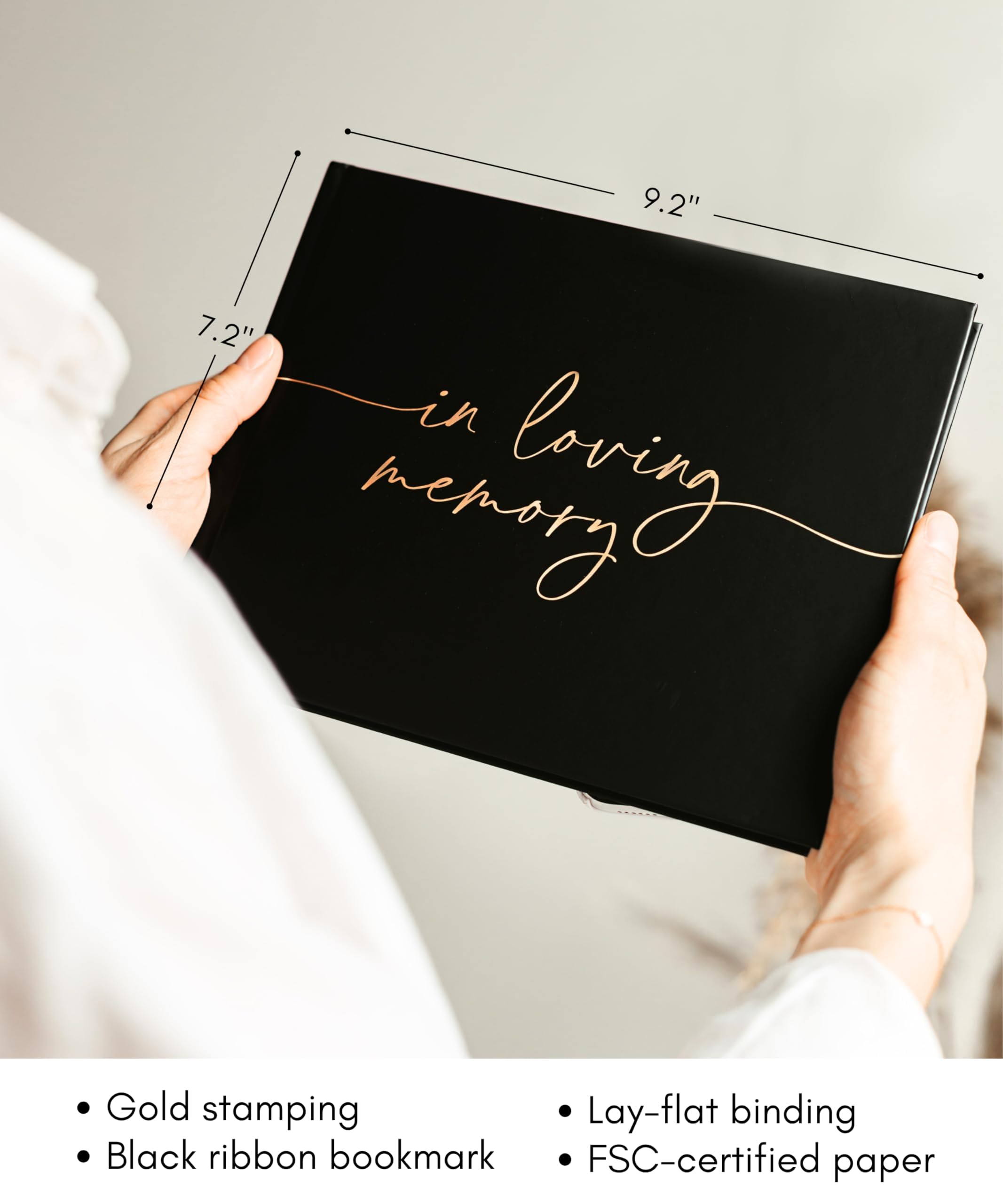 Lamare gold-stamped memorial guest book on display for elegant remembrance