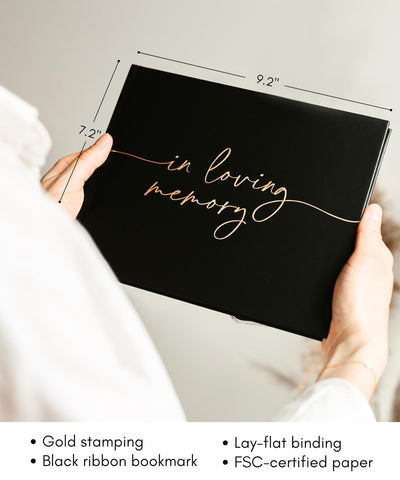 Lamare gold-stamped memorial guest book on display for elegant remembrance