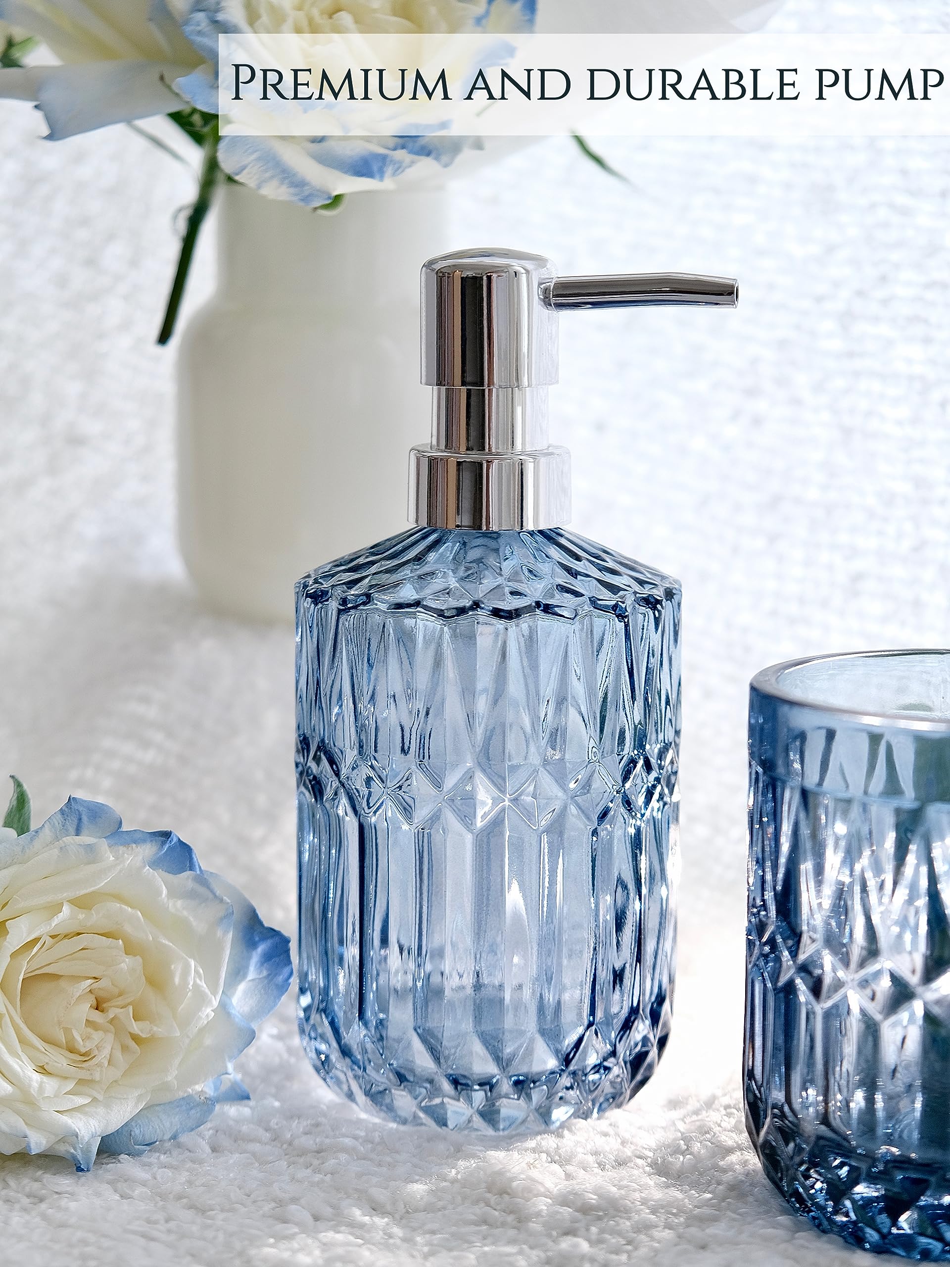 LaMarriti blue tumbler for bathroom tools and cosmetics.