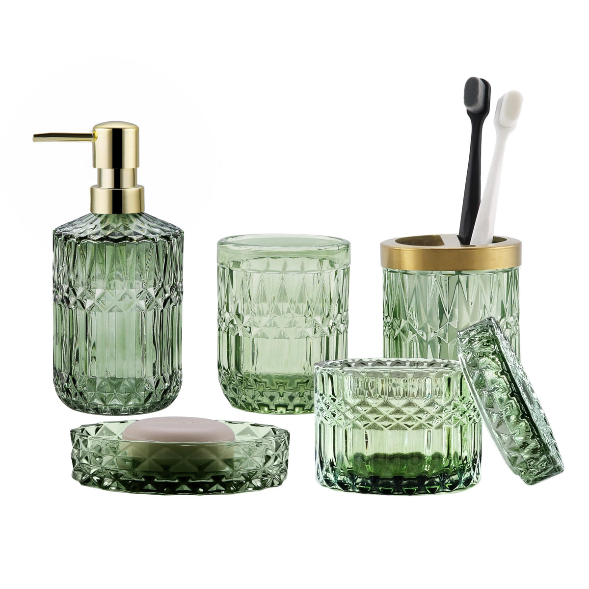 LaMarriti green soap dispenser in crystal glass for elegant bath organization.