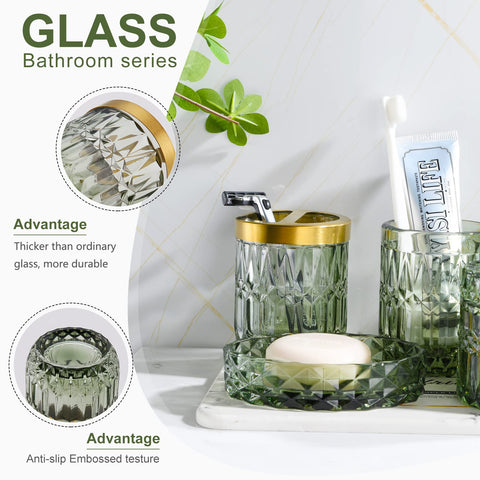 LaMarriti green soap dish on vanity adds chic, easy-to-clean storage.