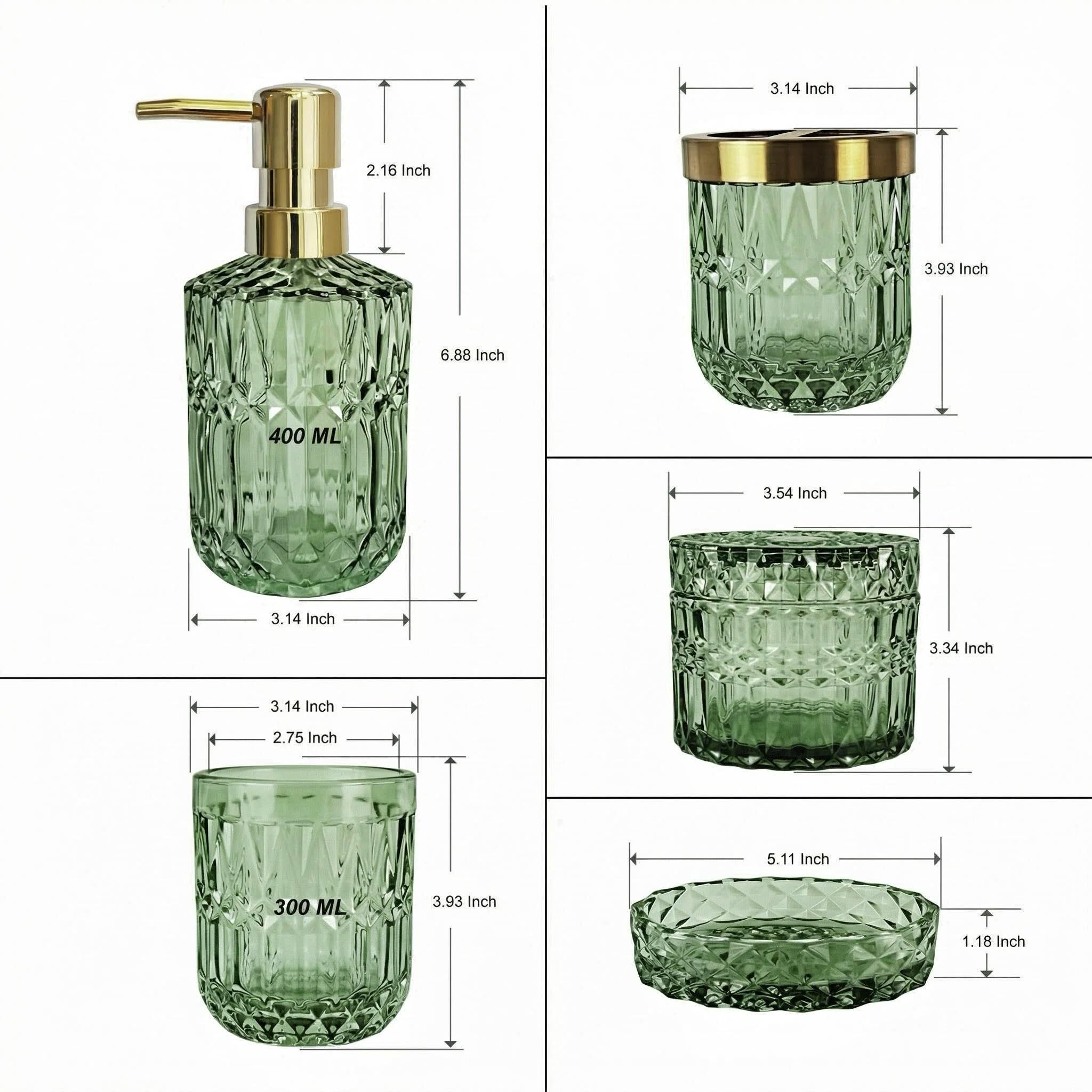 LaMarriti green bathroom setup complements vintage crystal decor with clear glass shine.