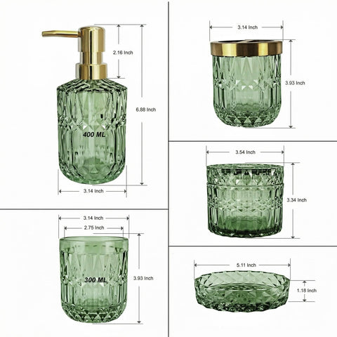 LaMarriti green bathroom setup complements vintage crystal decor with clear glass shine.