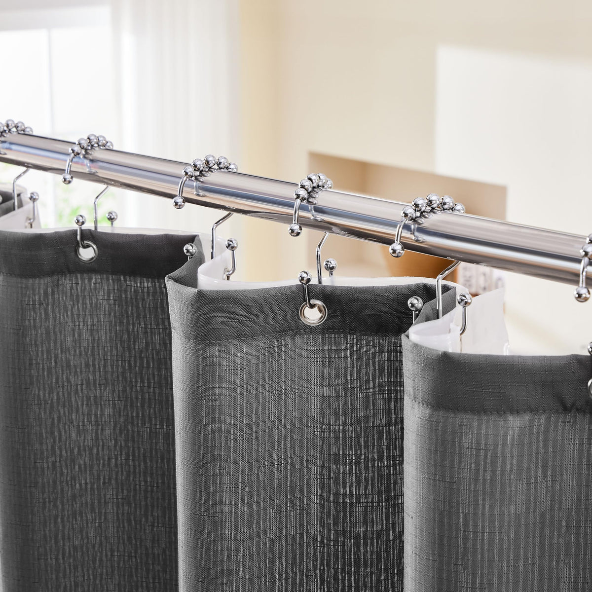 Lameirose grey shower curtain fabric close-up, durable and stylish.