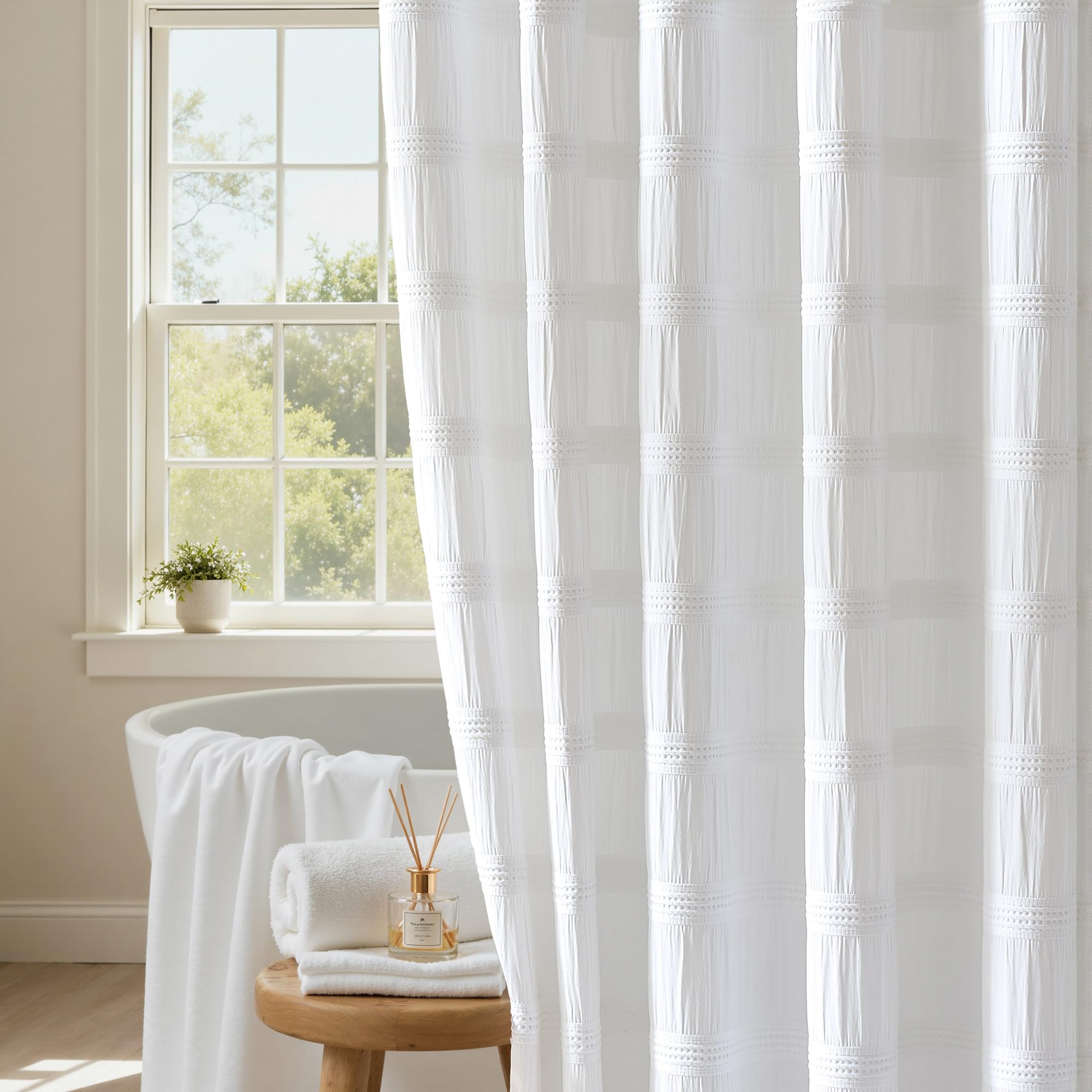 Lameirose white shower curtain with waffle stripe texture adds subtle depth to your bath